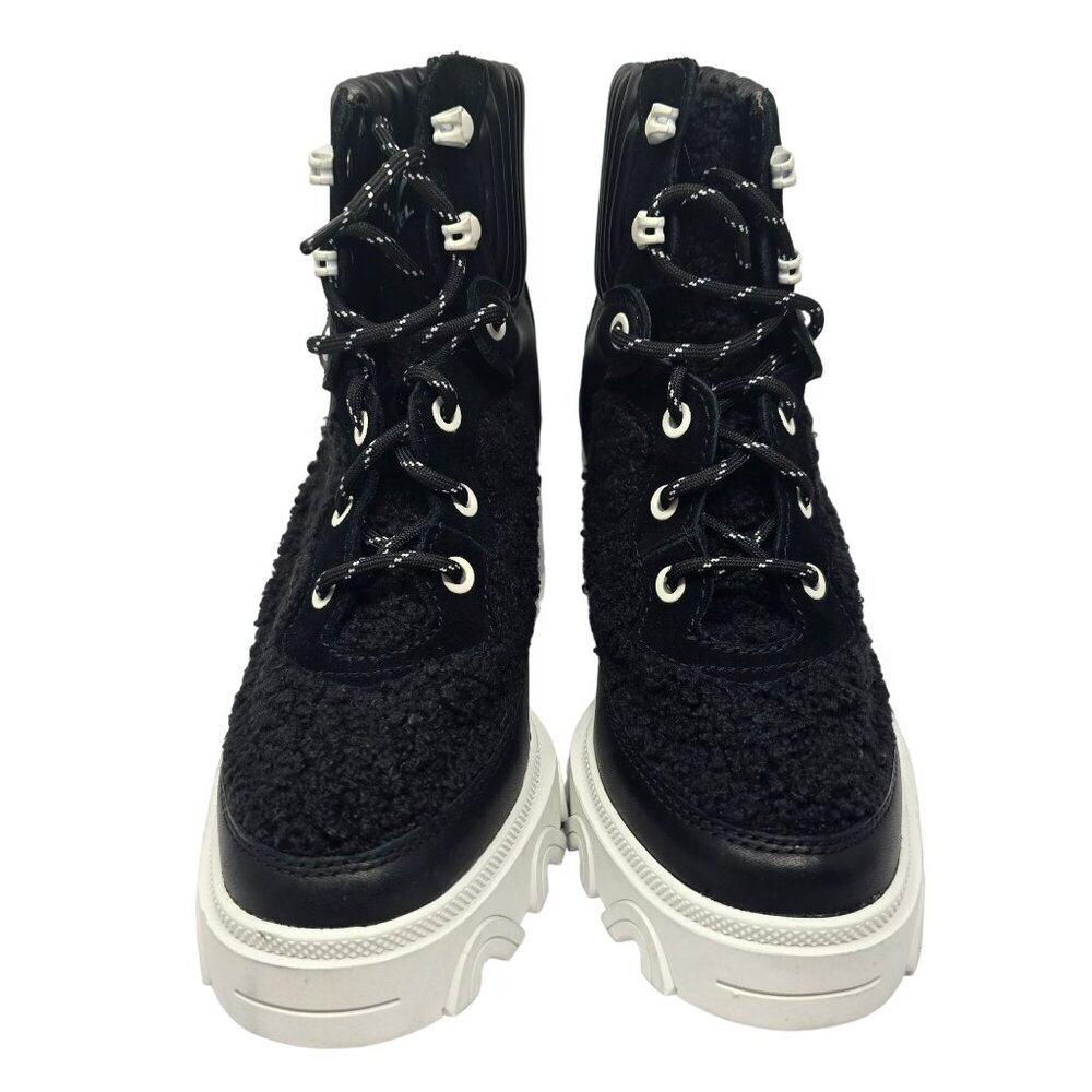 Sorel Brex Heel Cozy Boot Black Sea Salt Chunky Faux Fur Leather Womens Size 7.5 - Picture 2 of 7